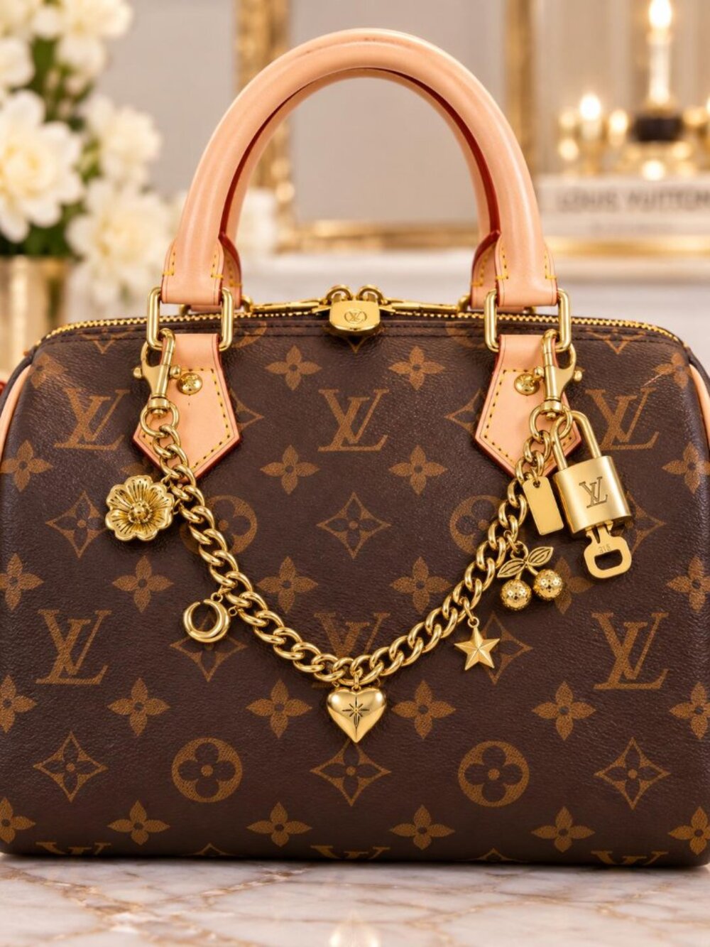 Authentic Louis Vuitton Gold Padlock with Unbranded Decorative Bag Chain / Charm